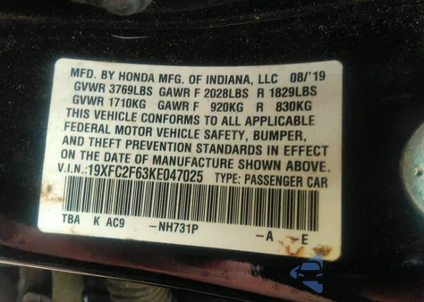 2019 Honda Civic Lx из США, поврежденный, VIN 19XFC2F63KE047025